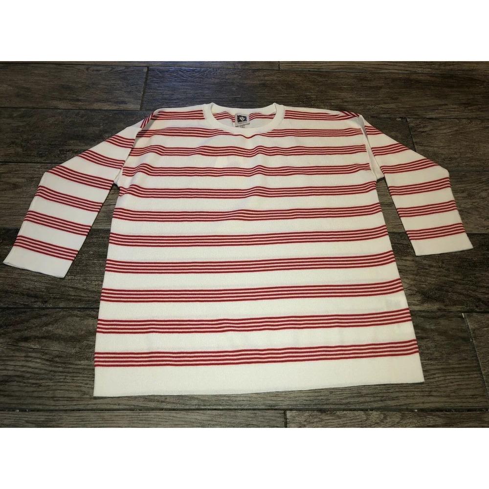 ANNE KLEIN Red White Stripe‎ THIN KNIT SWEATER TOP Womens SIZE SMALL New